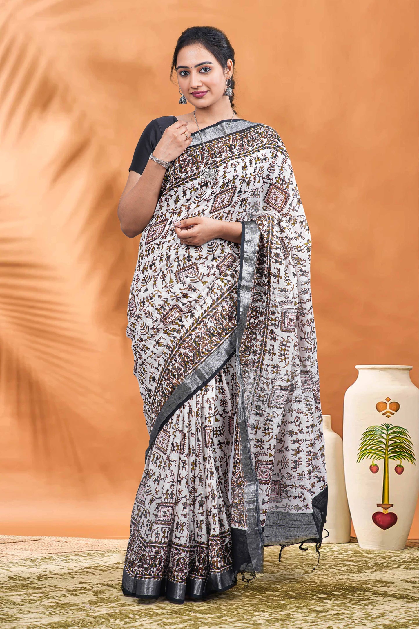White printed linen saree