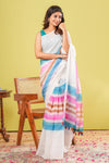 White rainbow stripe linen saree