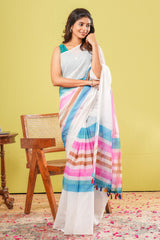 White rainbow stripe linen saree