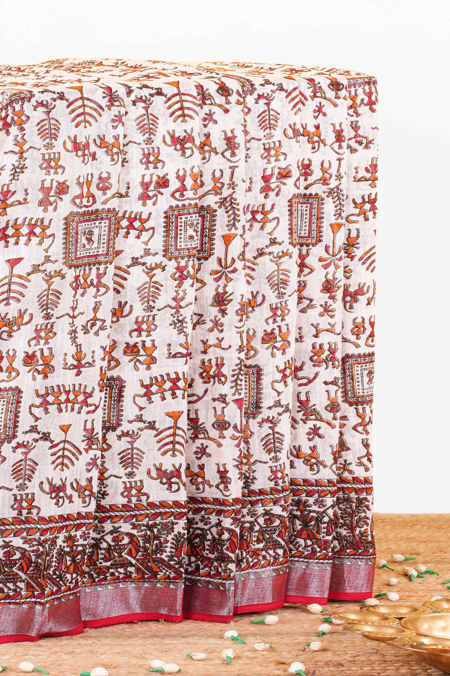 White tribal print linen saree