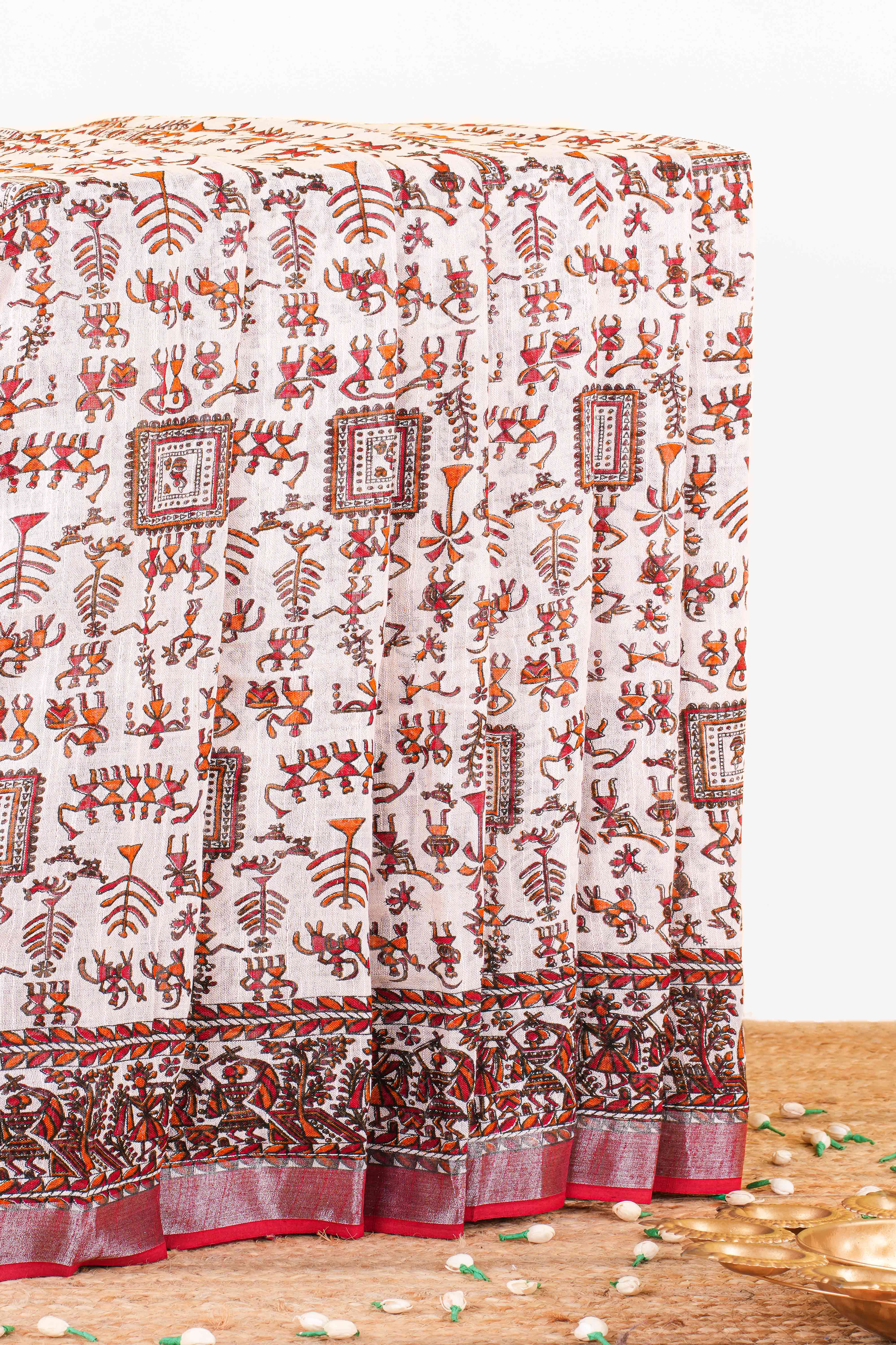 White tribal print linen saree