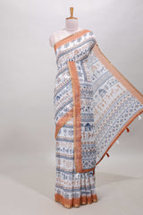 White warli print linen cotton saree