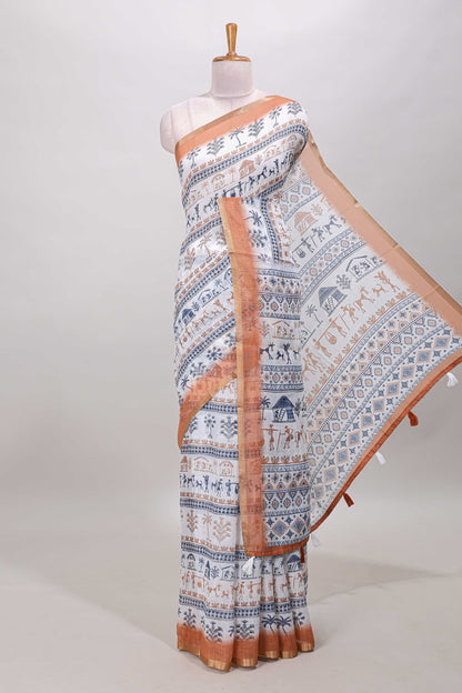 White warli print linen cotton saree