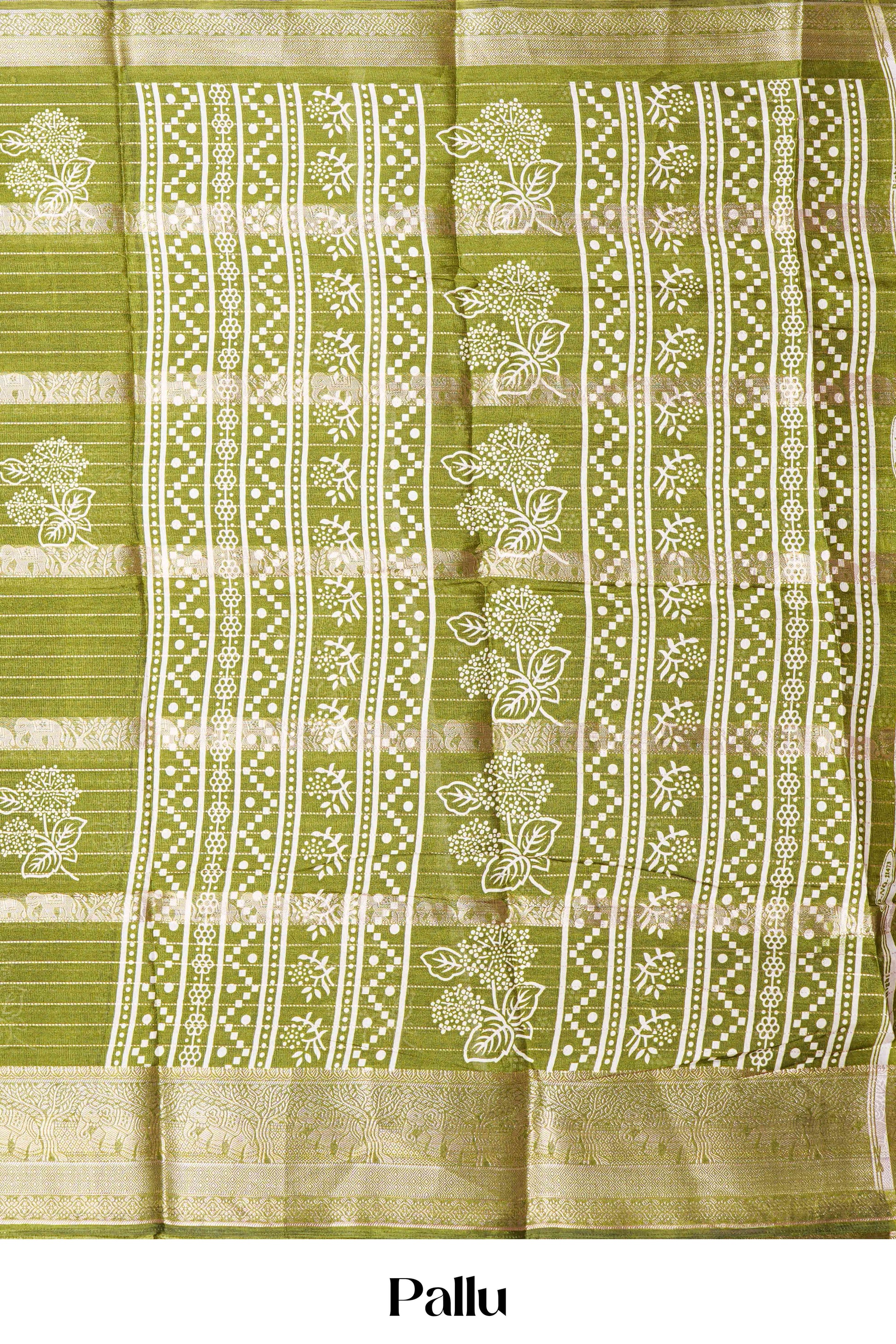 Wide zari border Olive saree