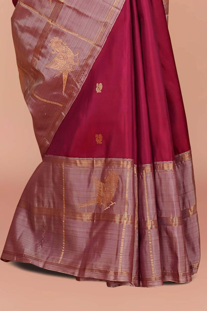 Wine silver zari silk saree