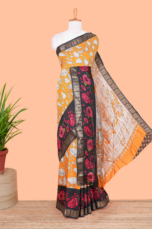 Yellow Chanderi Cotton Body and Pallu Kalamkari Print With Zari Borde