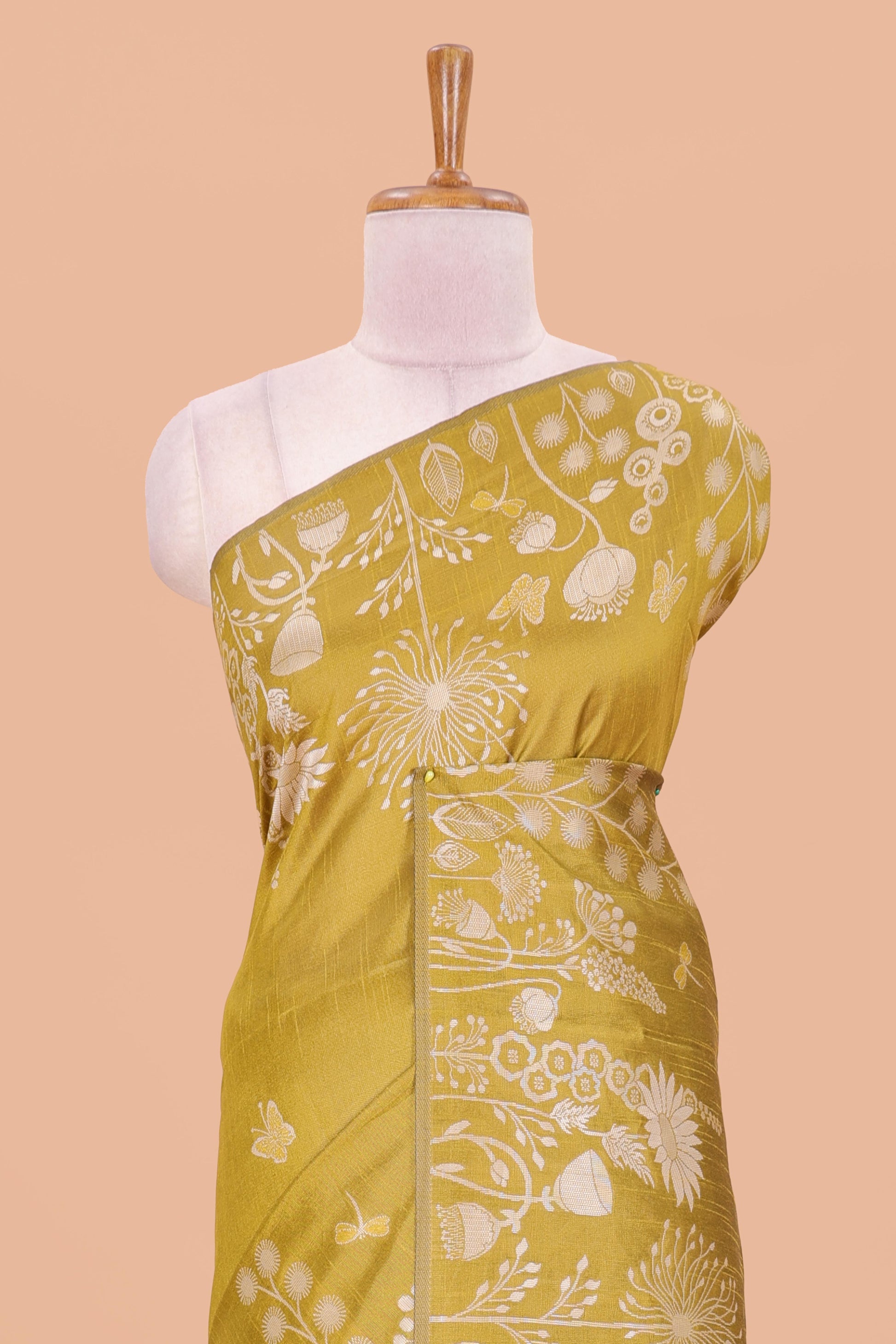 yellow Munga cotton saree with floral motifs