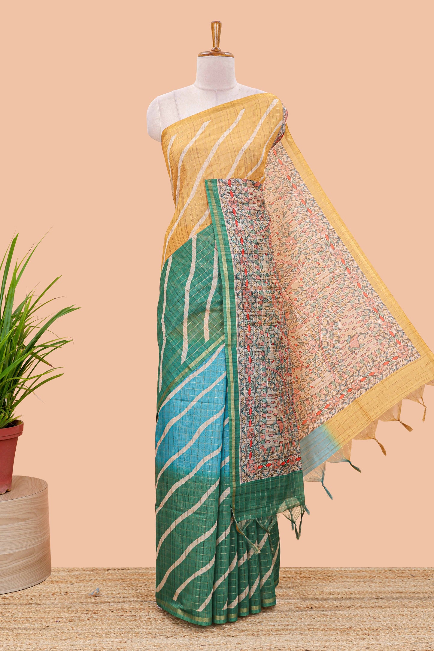 Yellow chanderi cotton leheriya print saree with madhubani pallu