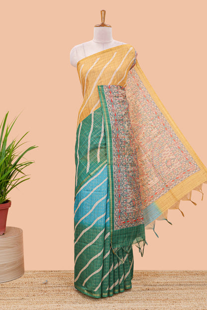 Yellow chanderi cotton leheriya print saree with madhubani pallu