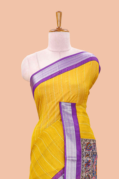 Yellow contrast pallu linen cotton saree