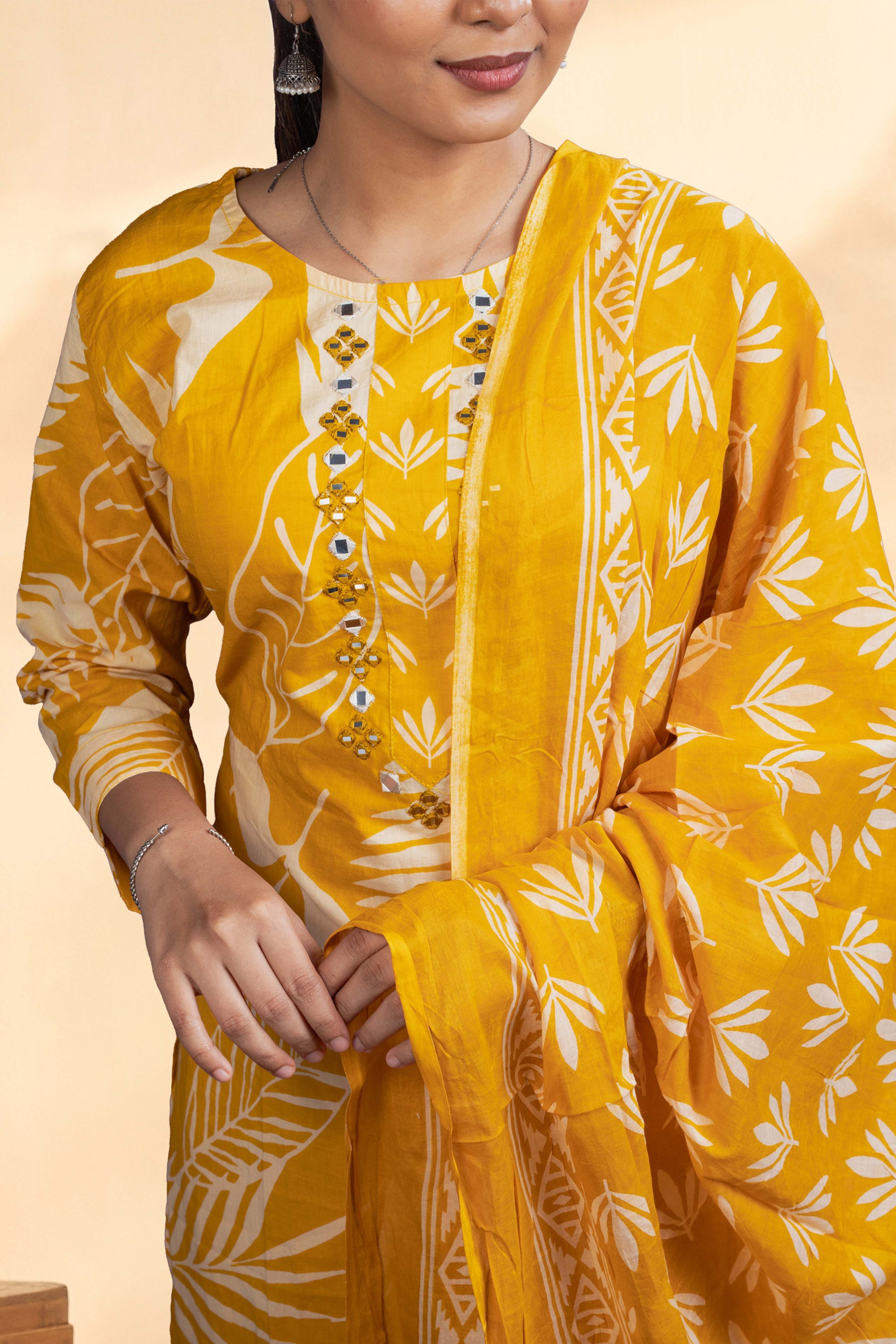 Yellow cotton embroidered neckline suit