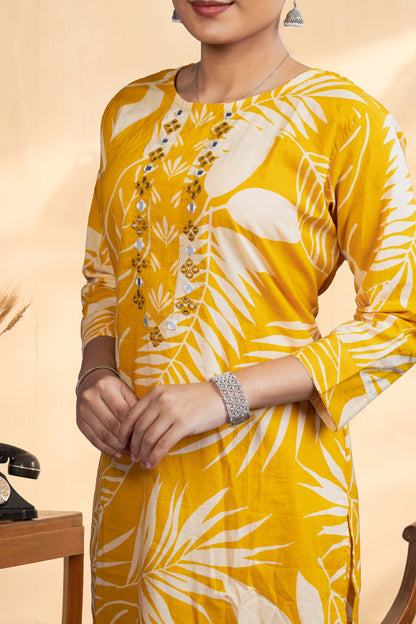 Yellow cotton printed ethnic suit