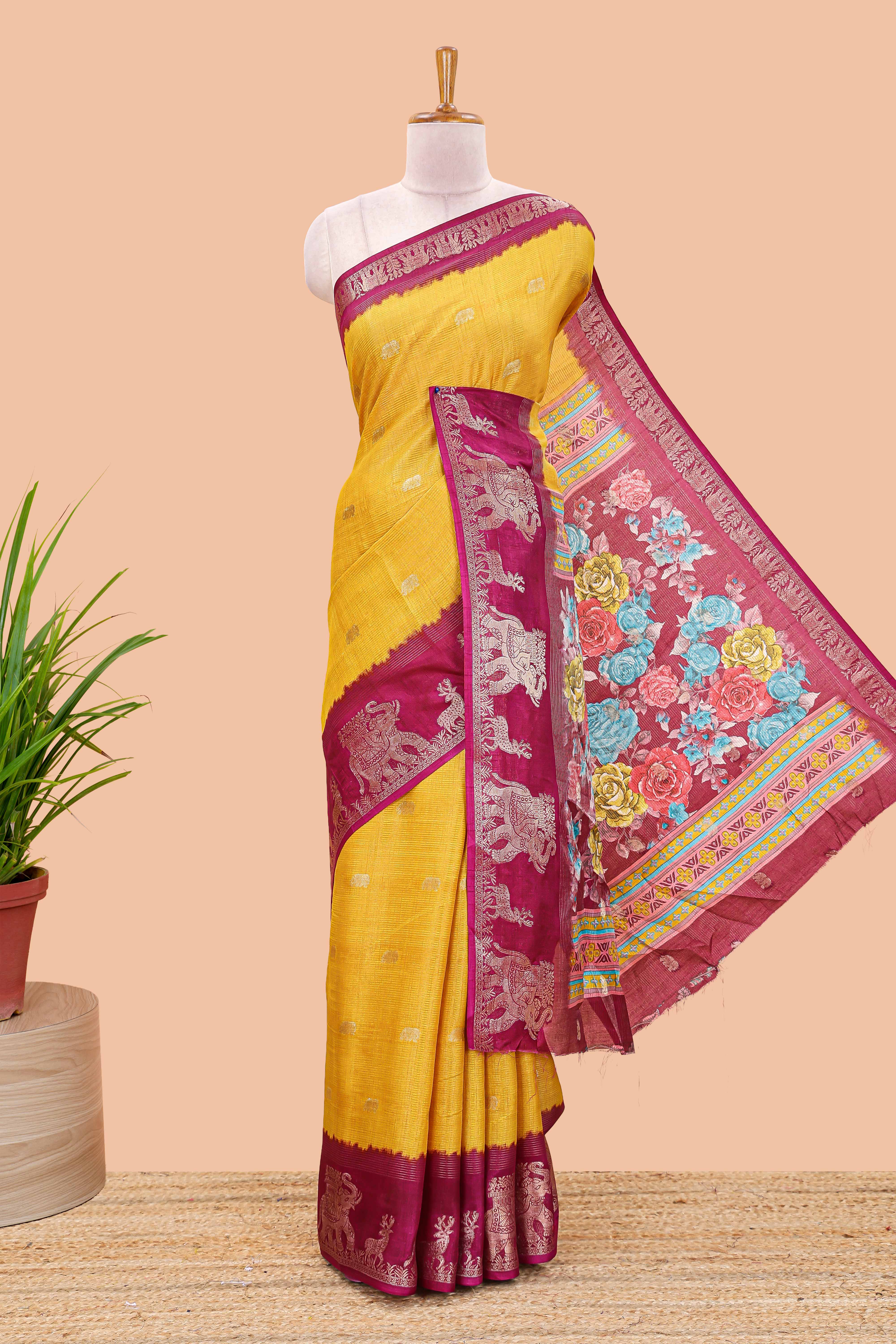Yellow dola silk elephant saree