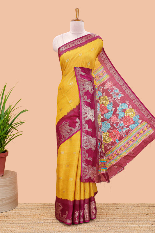 Yellow dola silk elephant saree