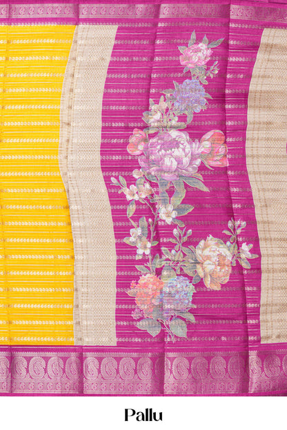 Yellow dola silk floral pallu saree