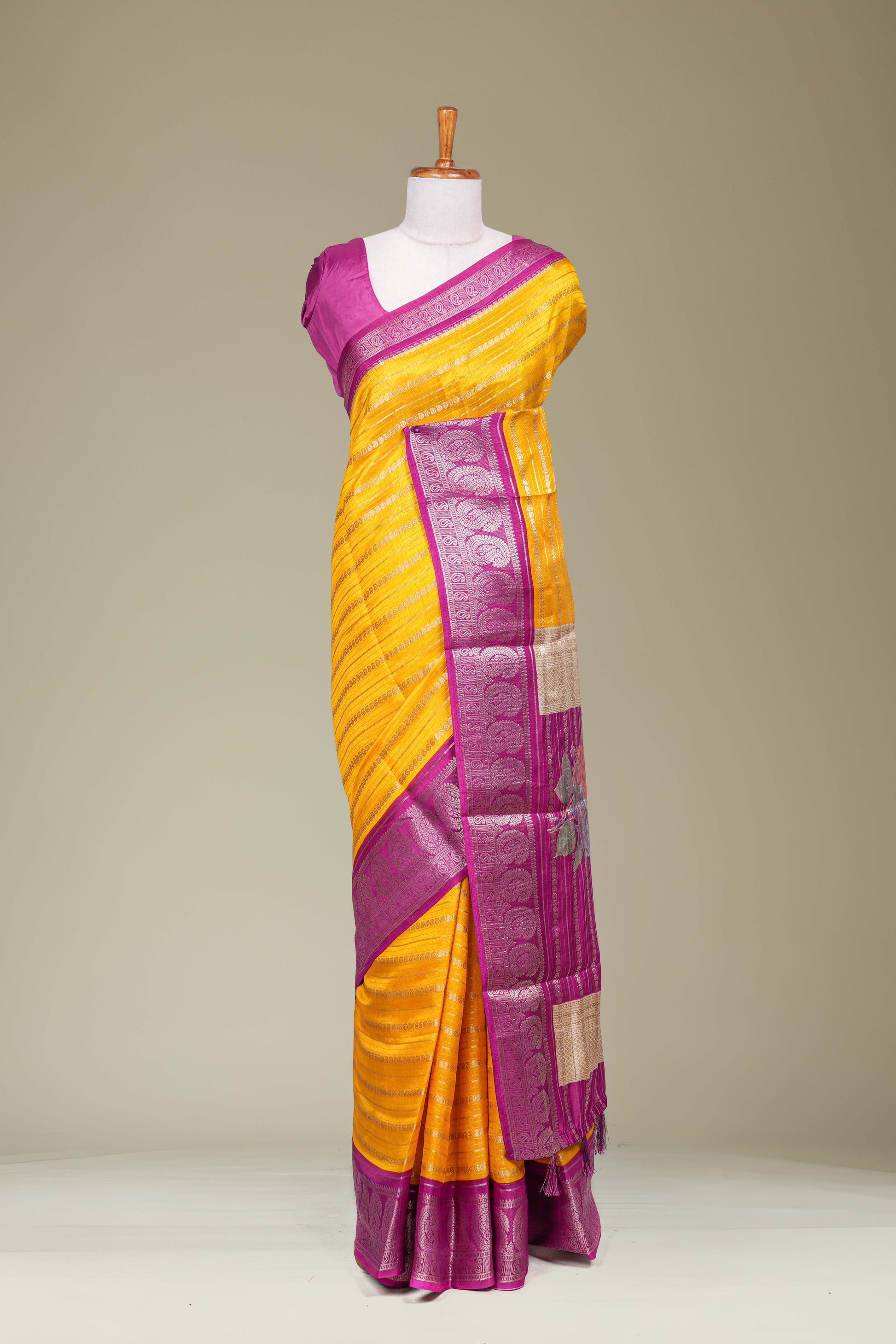Yellow dola silk mango motif saree