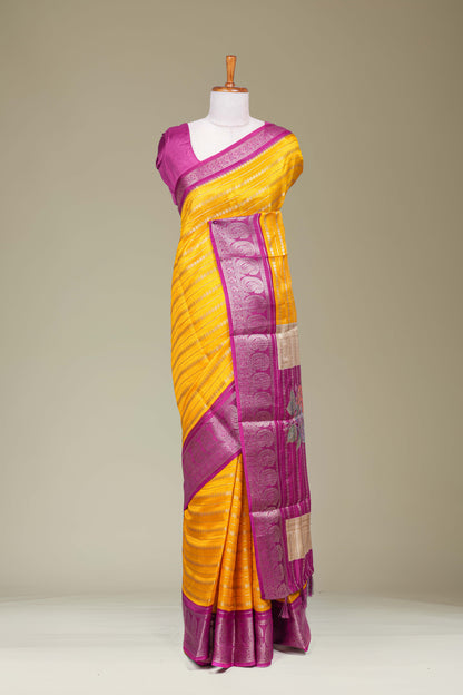 Yellow dola silk mango motif saree