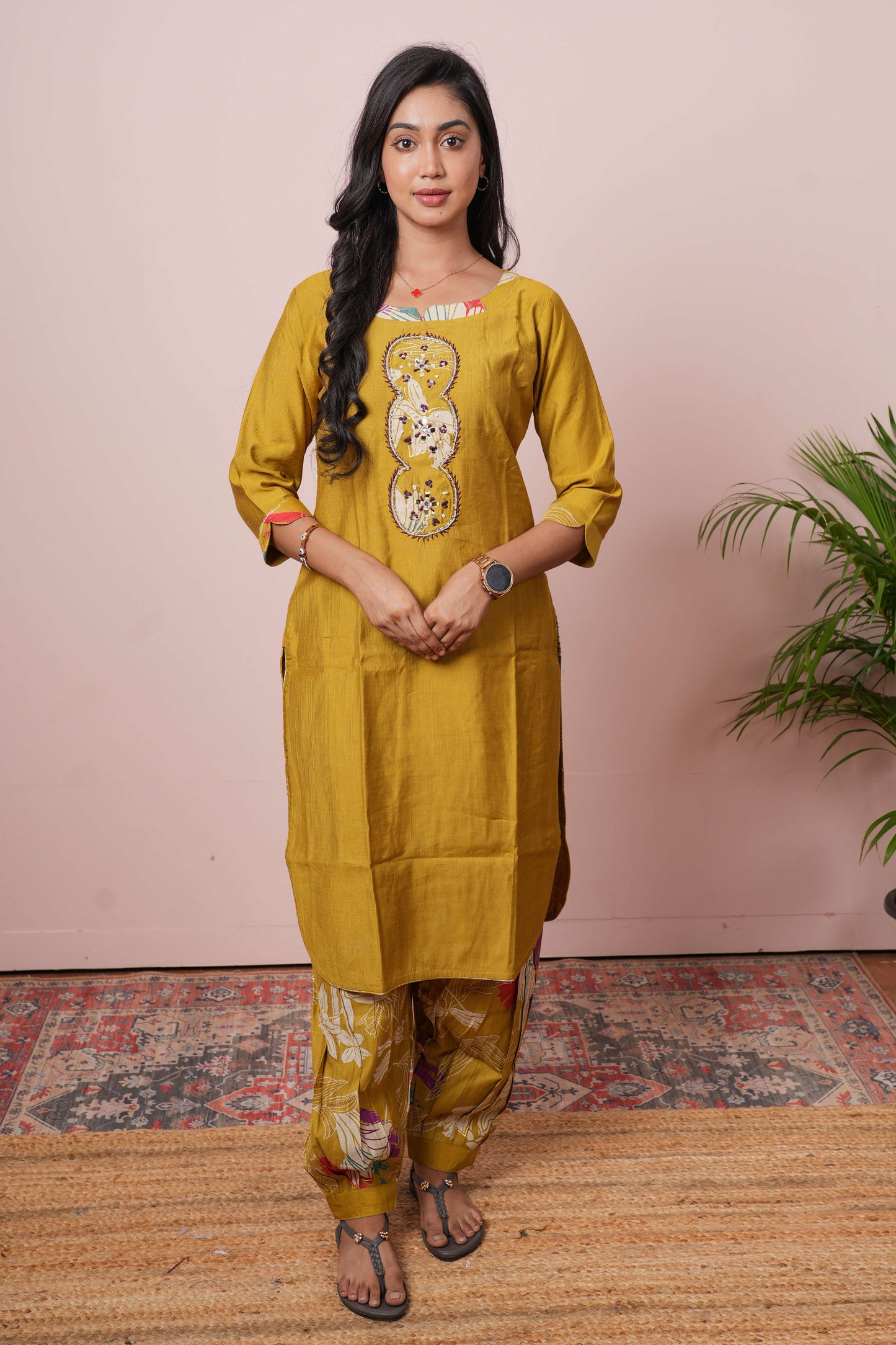 Yellow embroidered neckline suit