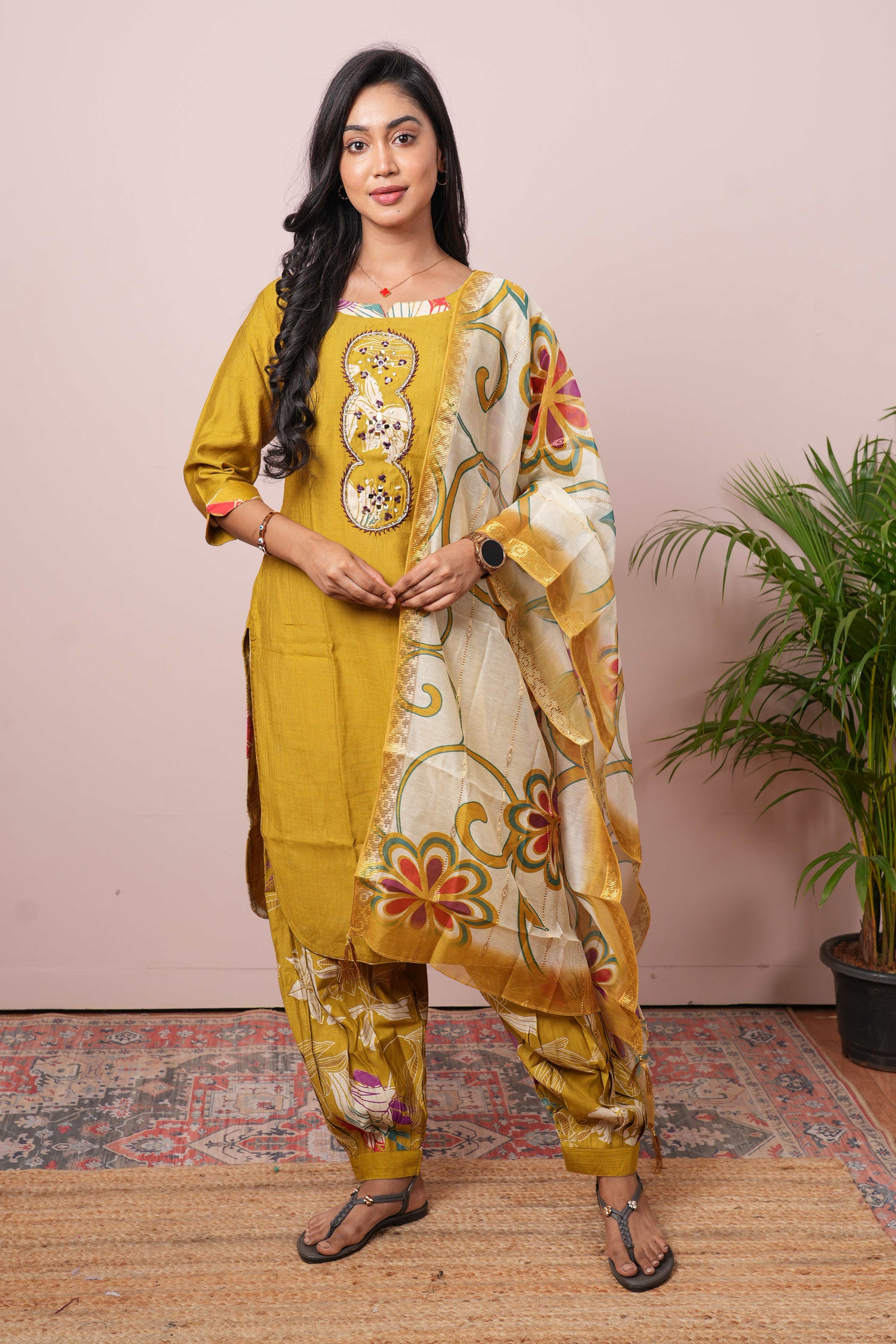 Yellow floral embroidered salwar suit set