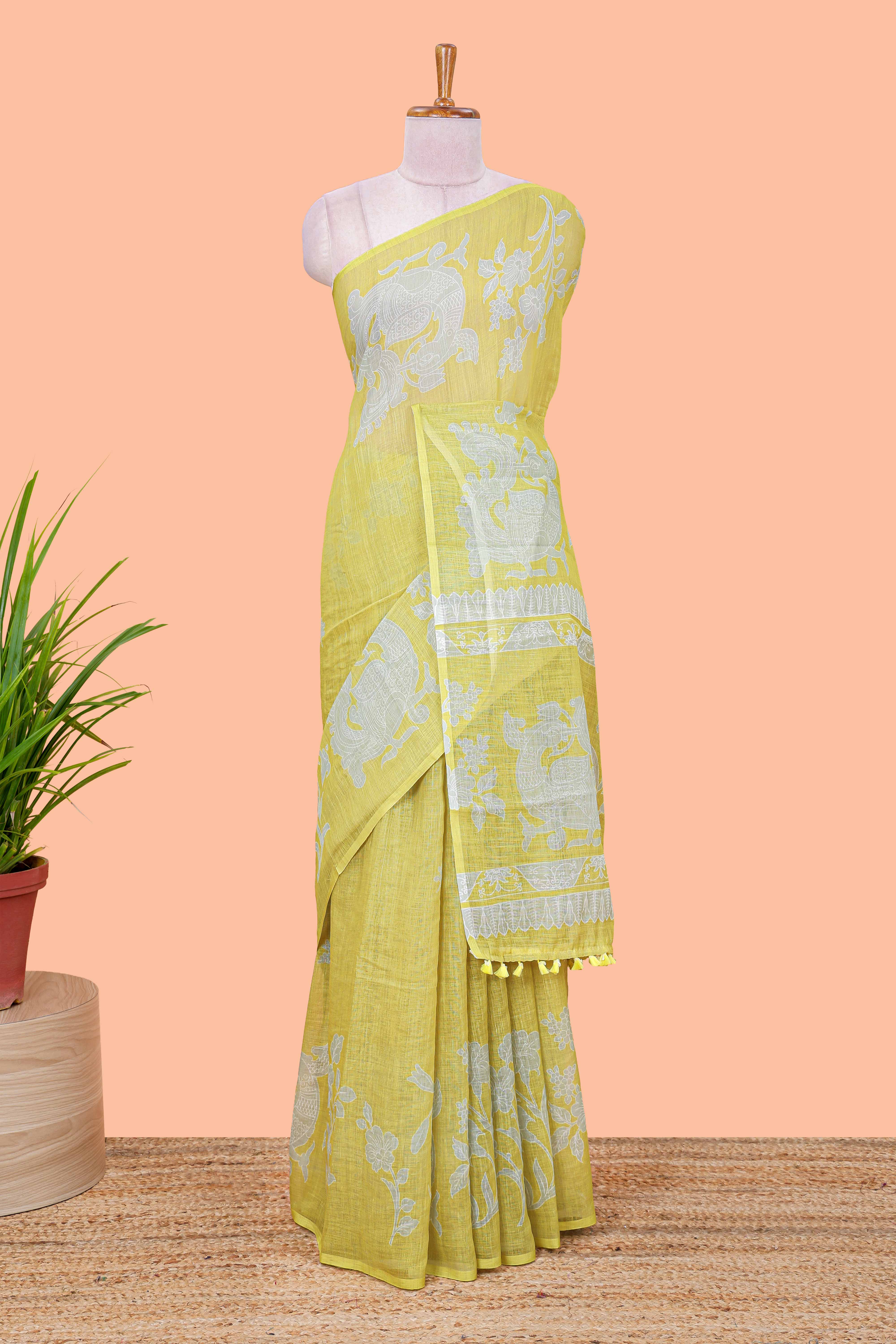 Yellow floral linen cotton sarees