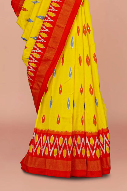 Yellow geometric ikkat saree