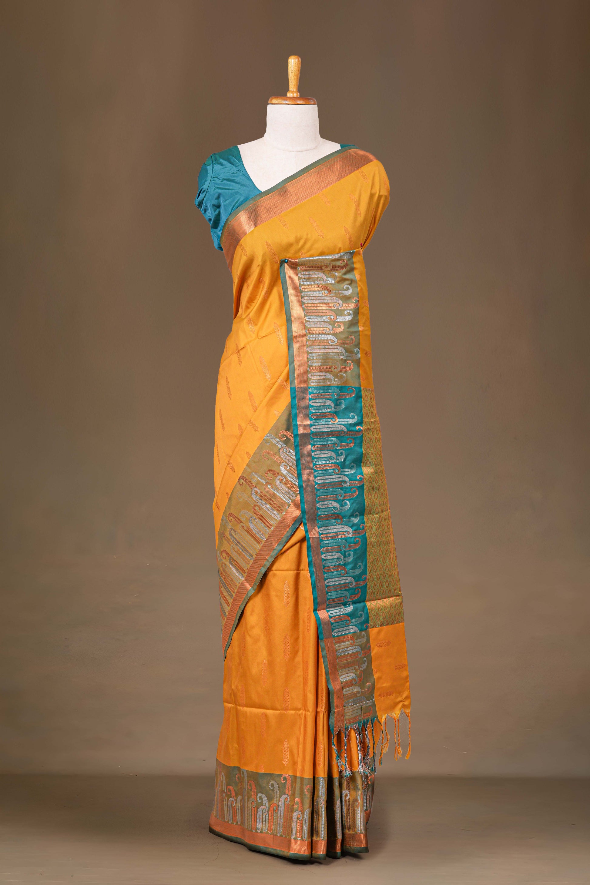 Yellow kathan silk contrast border saree