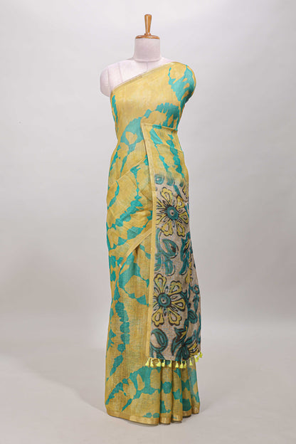 Yellow linen cotton saree