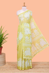Yellow linen cotton saree with contrast pallu