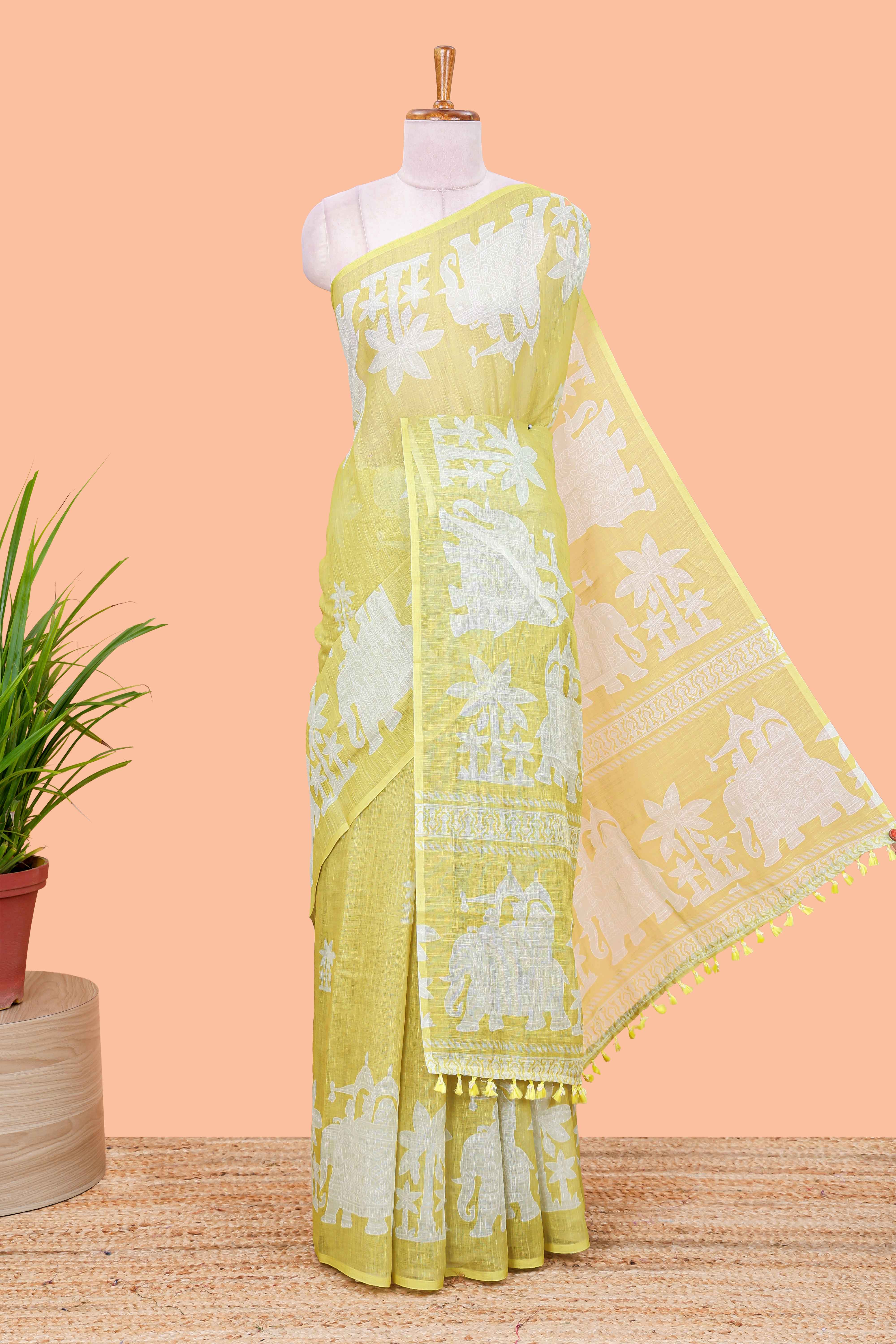 Yellow linen cotton saree with contrast pallu