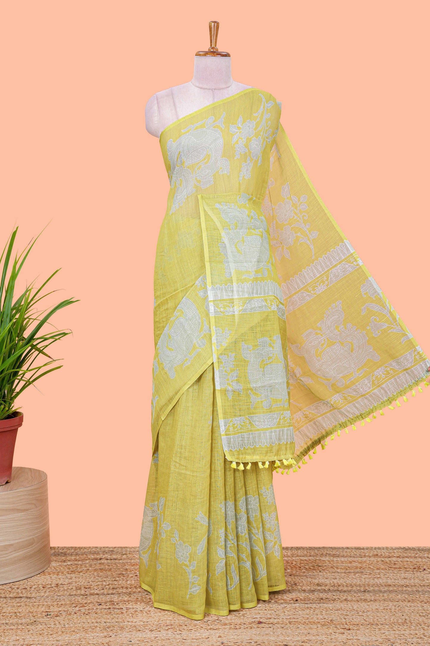 Yellow linen cotton saree with floral print