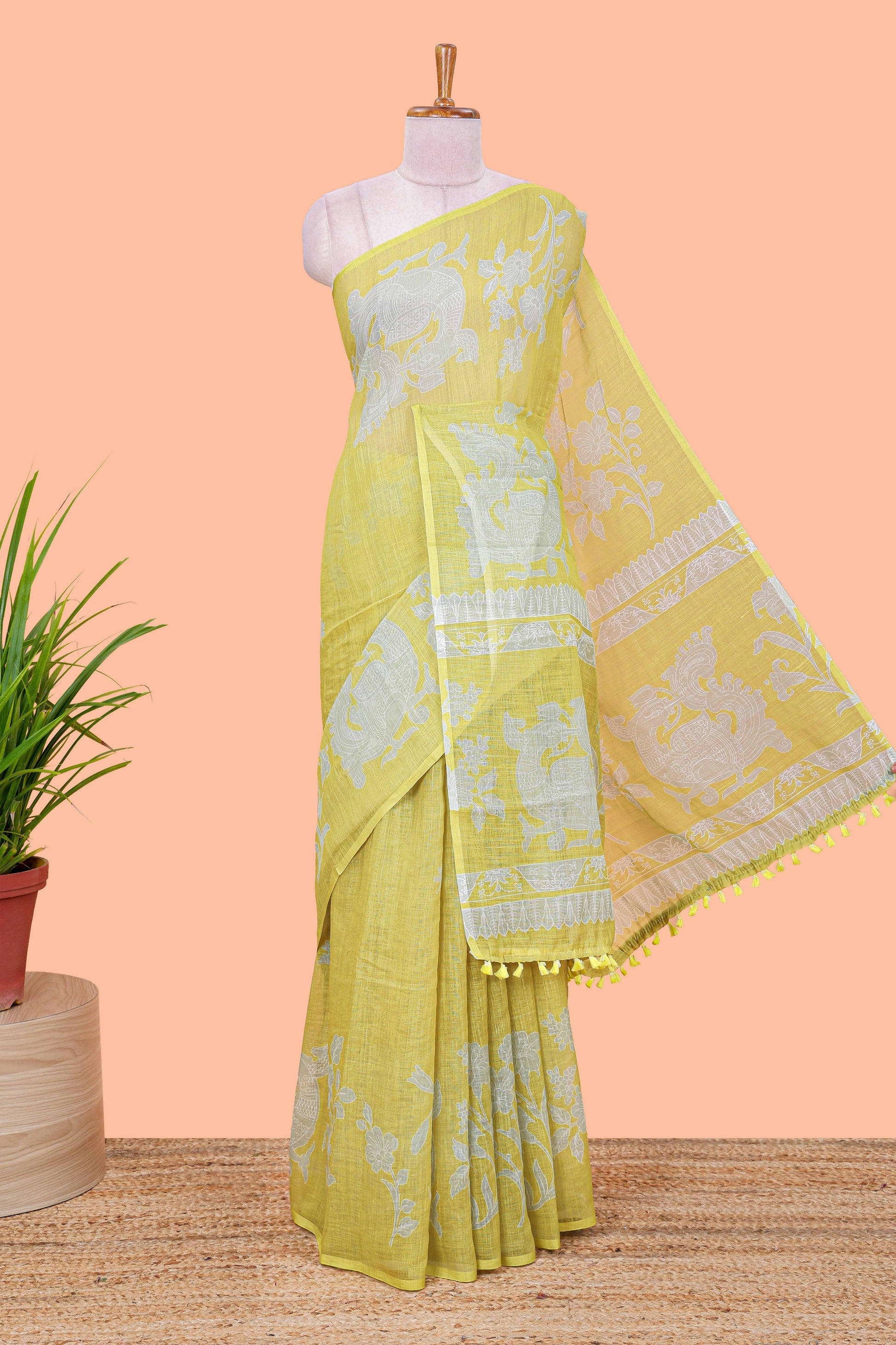 Yellow linen cotton saree with floral print