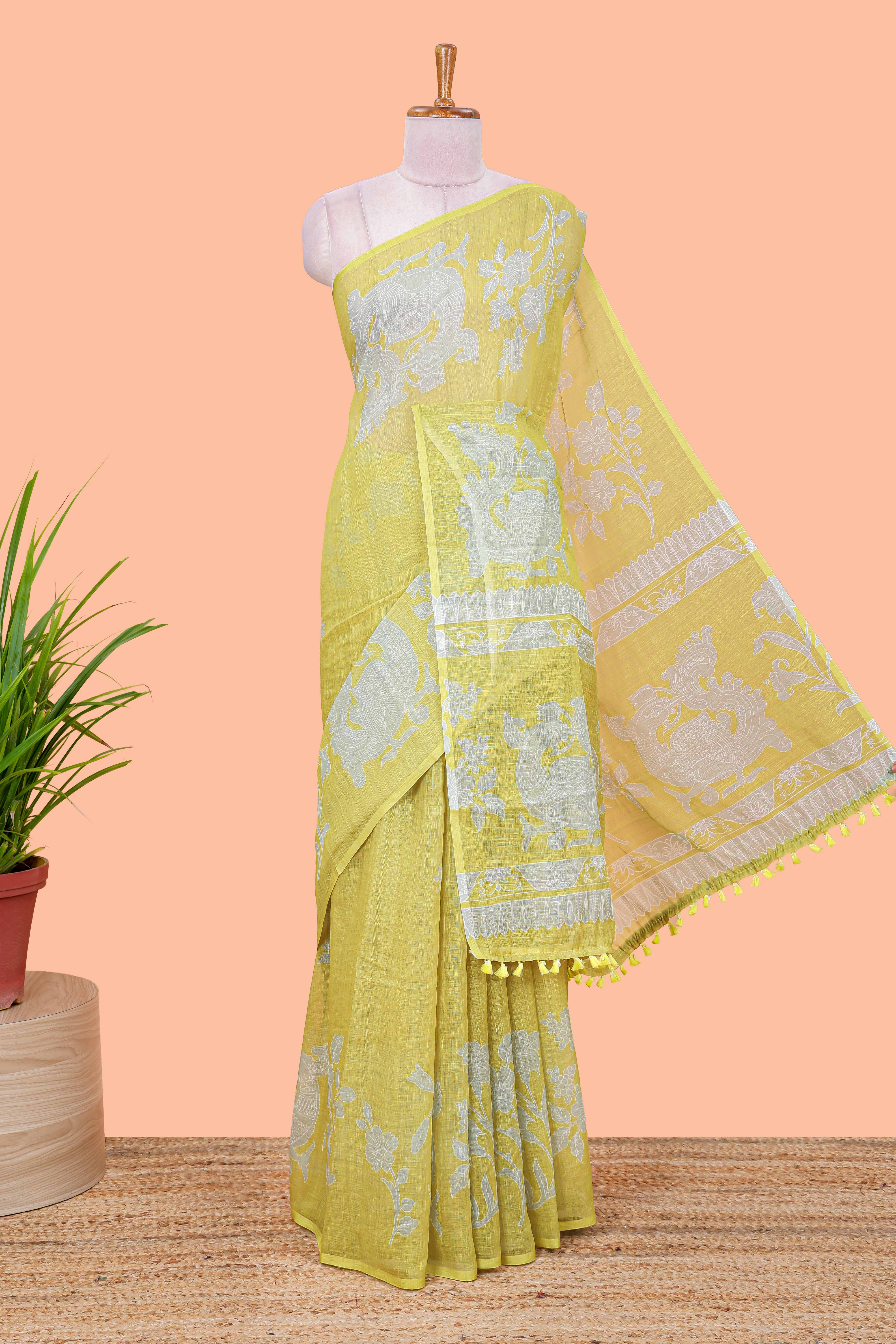 Yellow linen cotton saree with floral print