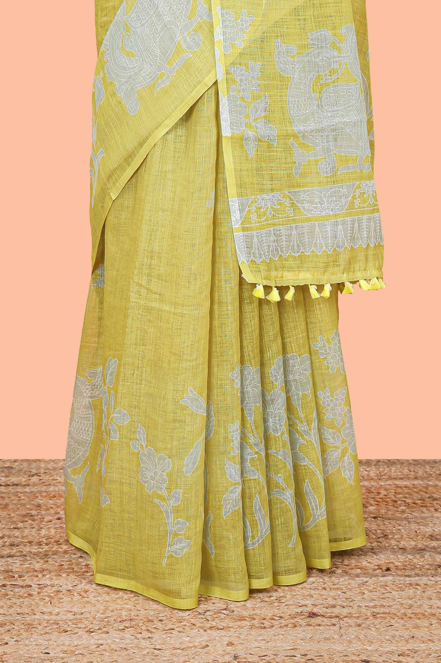 Yellow linen cotton sarees with contrast pallu
