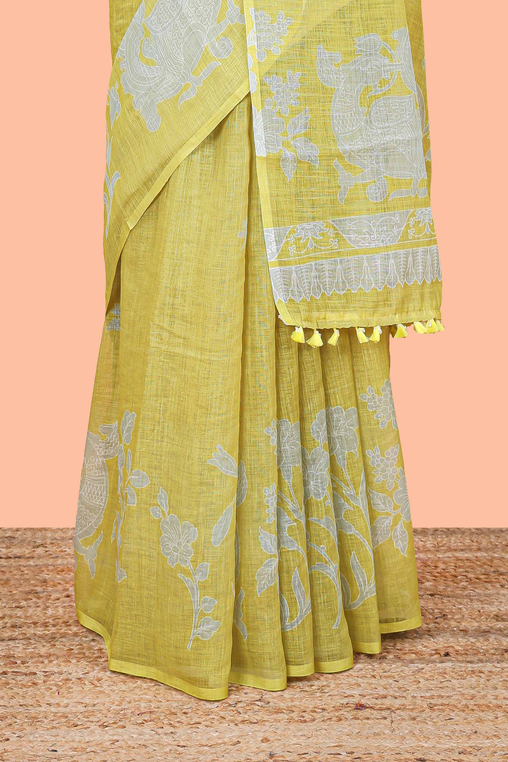Yellow linen cotton sarees with contrast pallu
