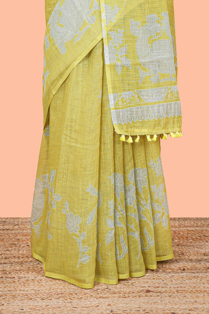 Yellow linen cotton sarees with contrast pallu
