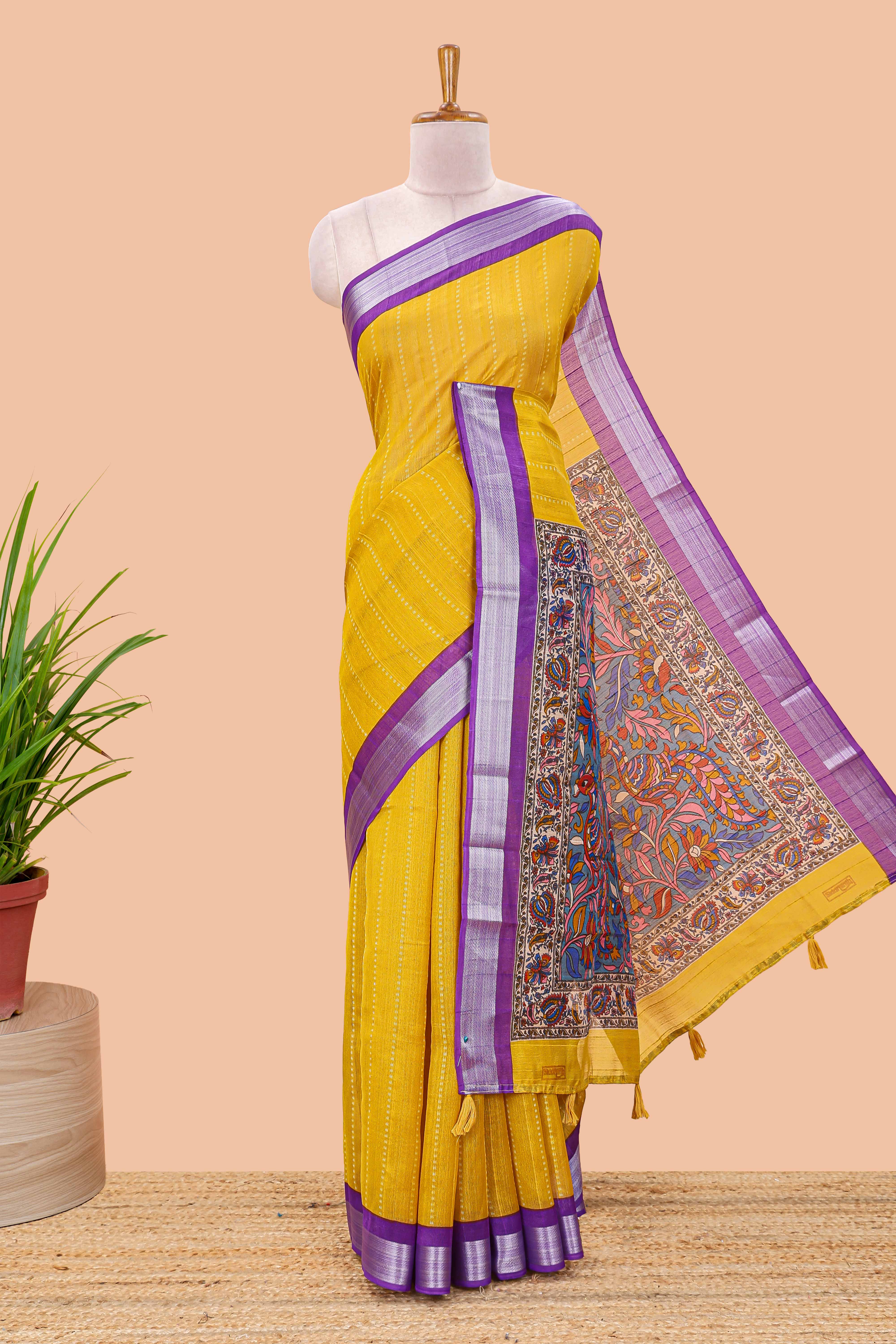 Yellow linen cotton silk saree