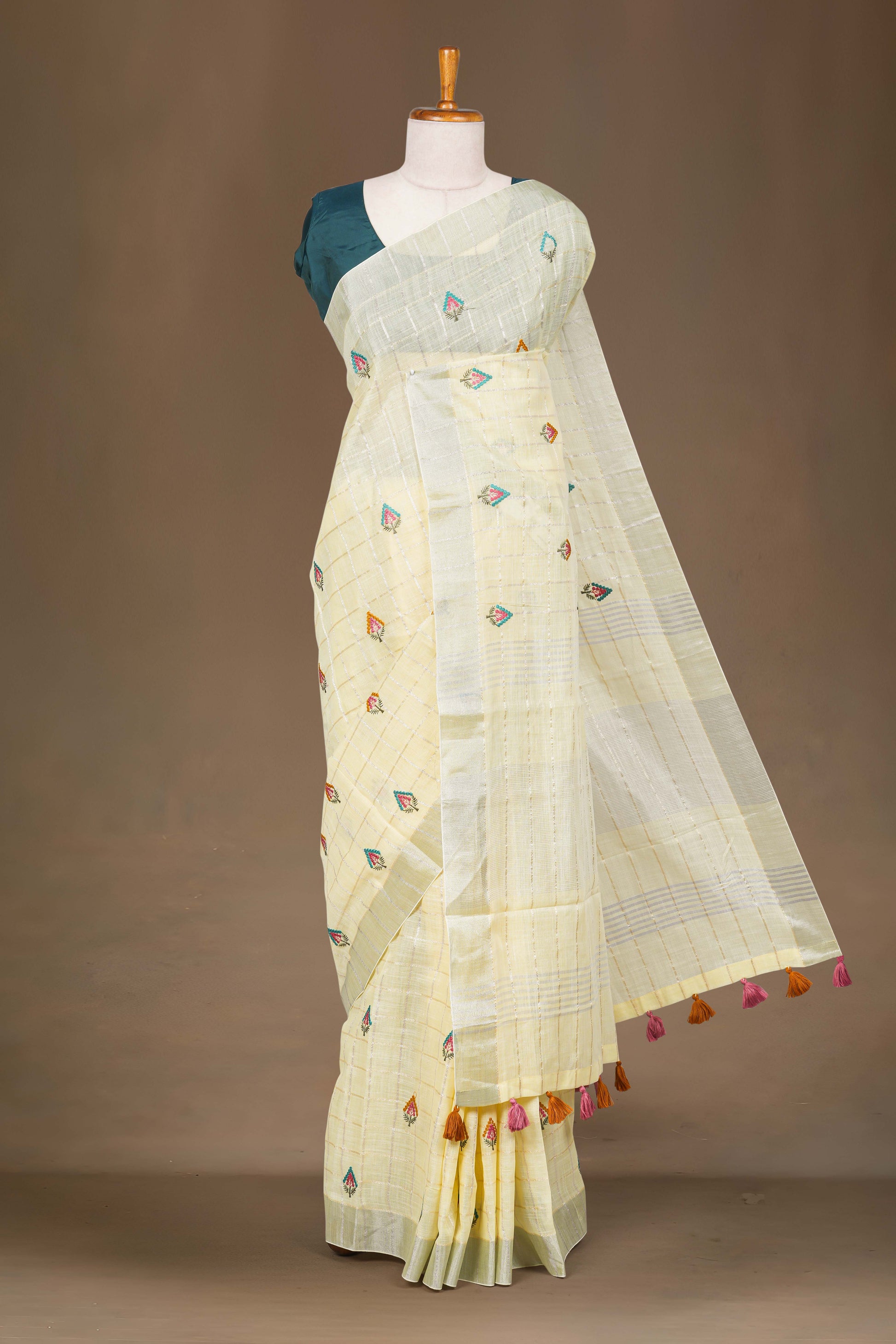 Yellow linen with checks zari 