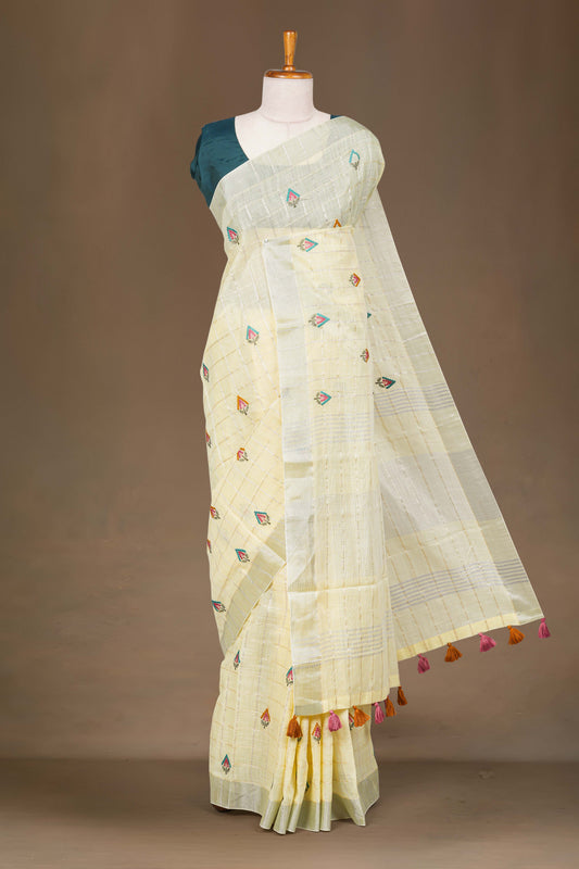 Yellow linen with checks zari 