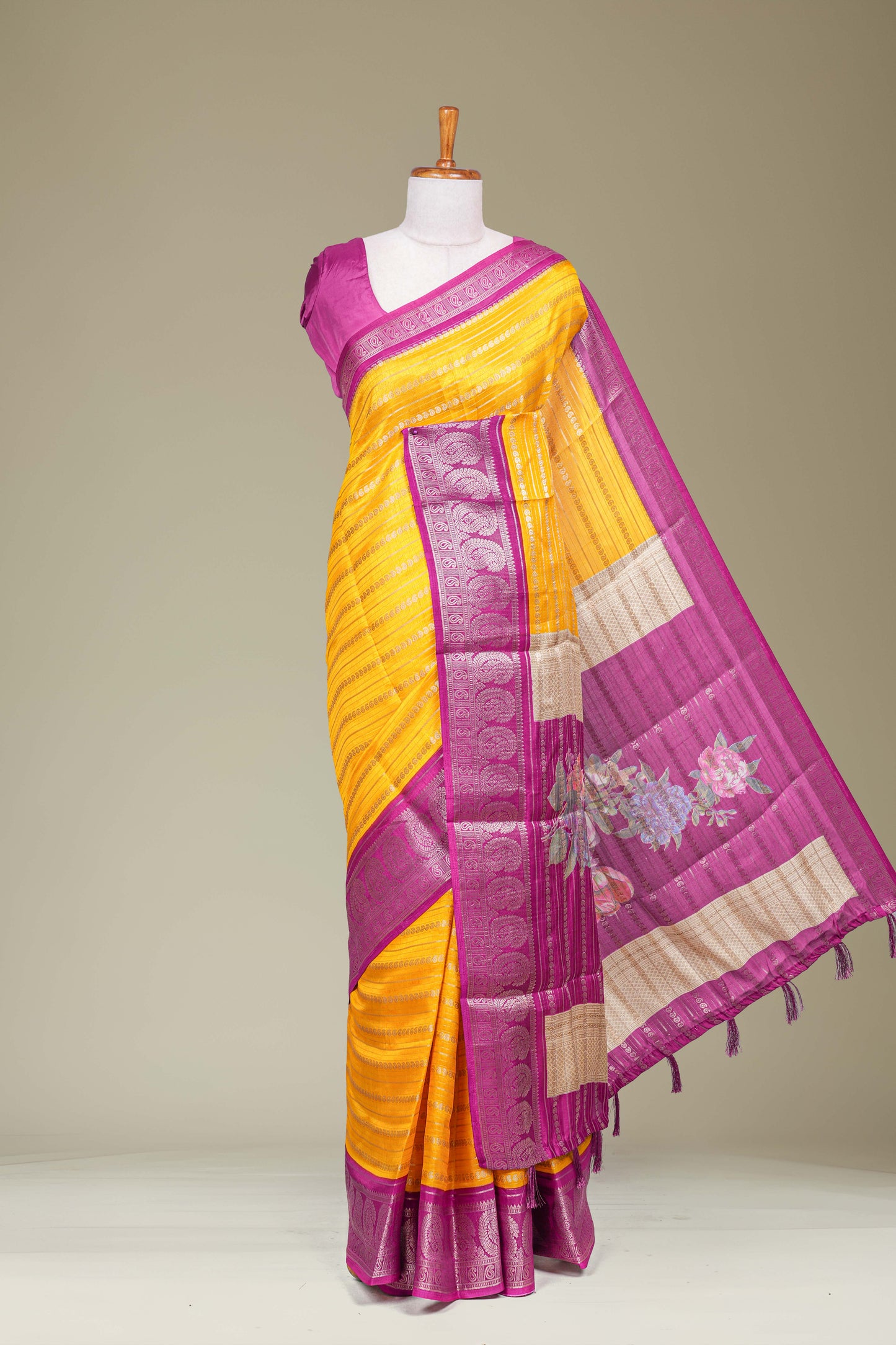 Yellow semi banarasi dola saree