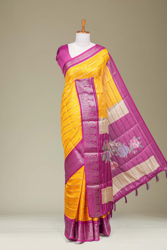 Yellow semi banarasi dola saree