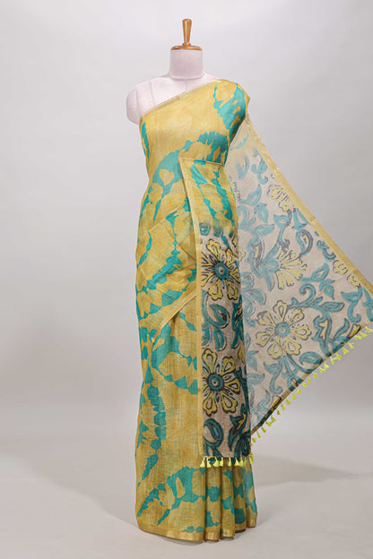 Yellow shibori linen saree