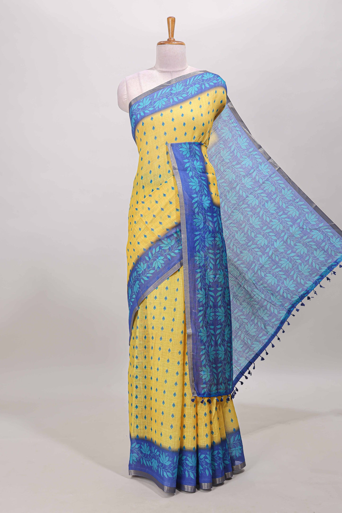 Yellow spade motifs linen cotton saree 
