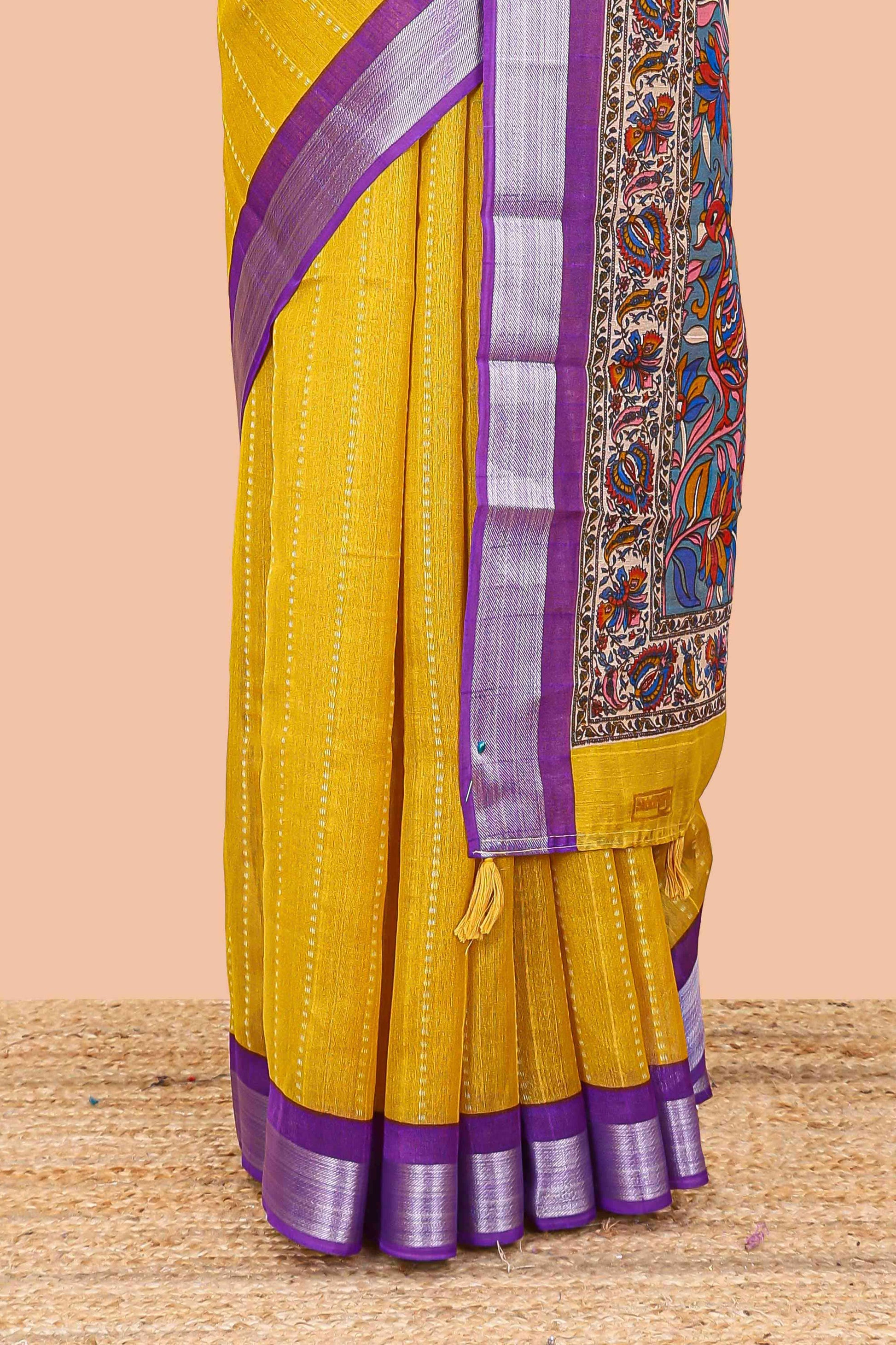 Yellow traditional linen cotton saree