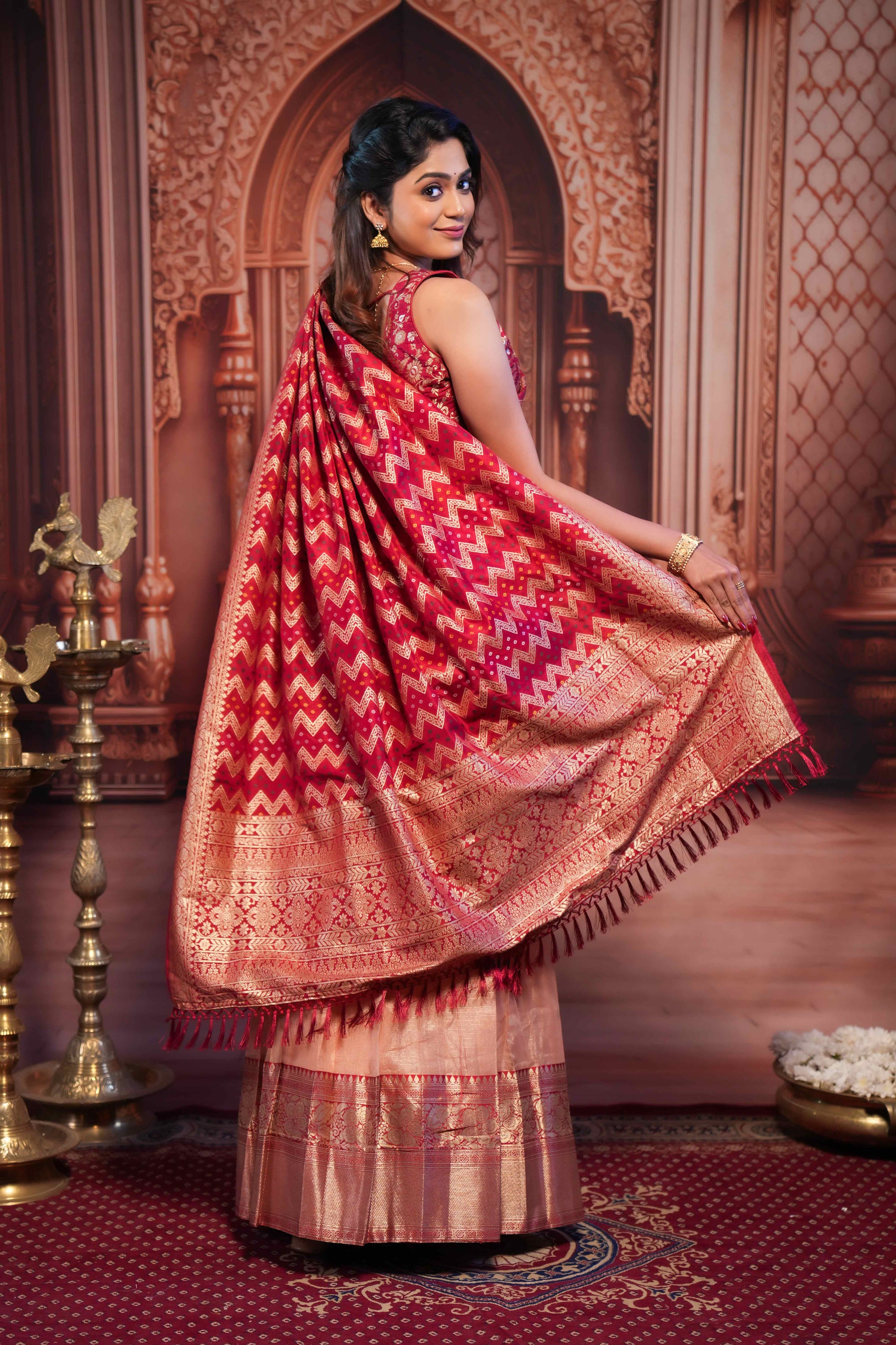 Zari woven ethnic red ensemble