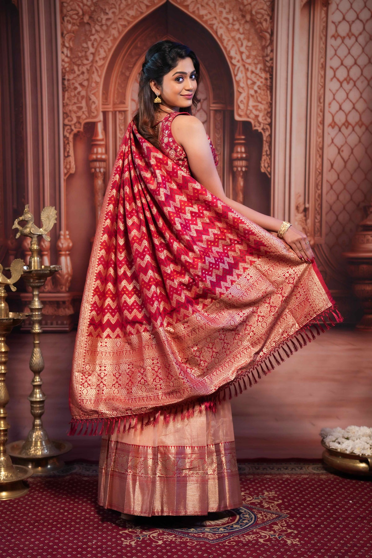 Zari woven ethnic red ensemble