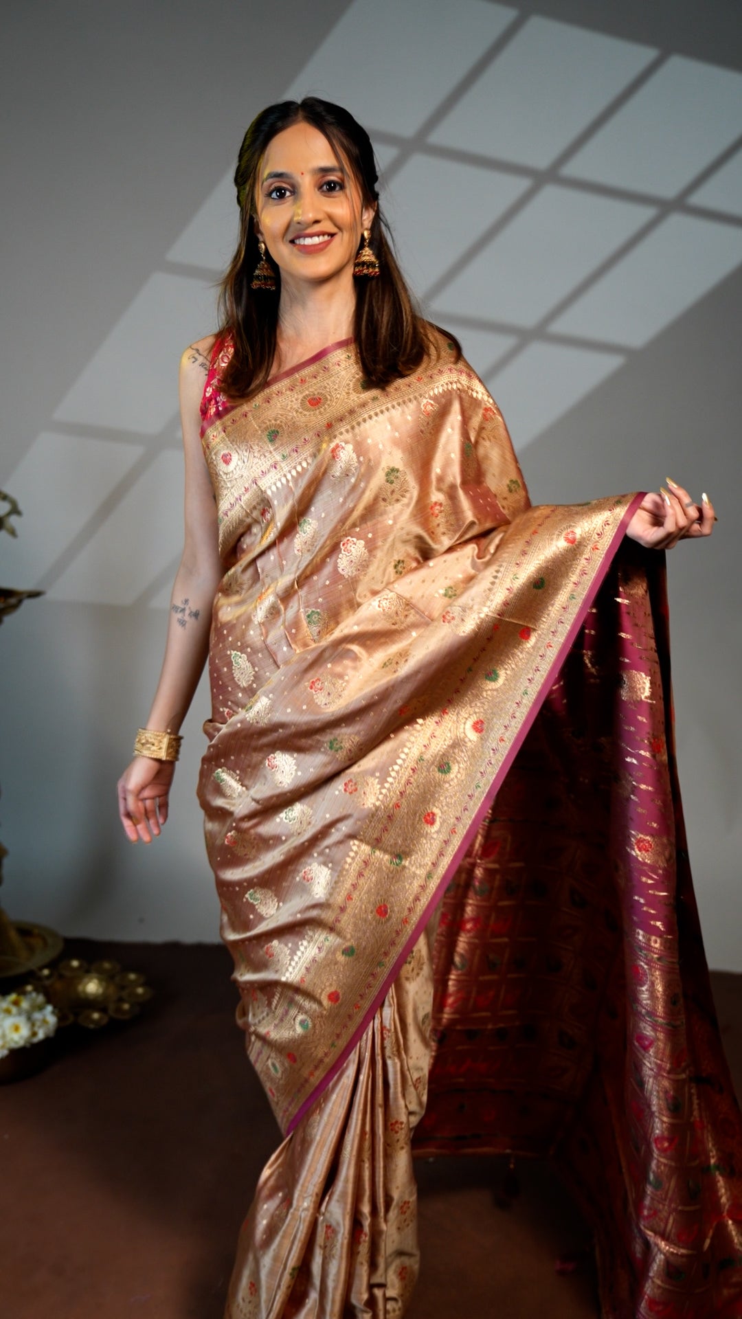Beige zari butta semi soft silk saree with self border and matching pallu