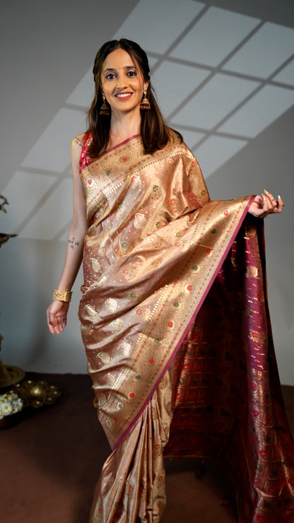 Beige zari butta semi soft silk saree with self border and matching pallu