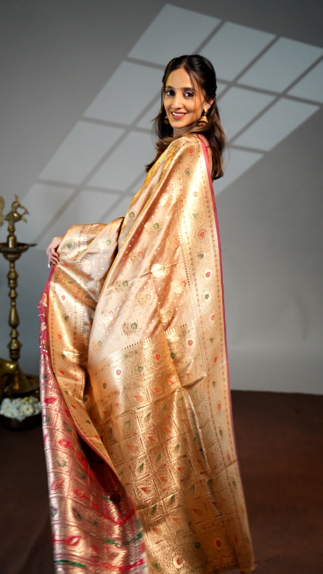 Beige zari butta semi soft silk saree with self border and matching pallu