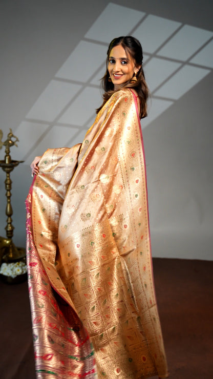 Beige zari butta semi soft silk saree with self border and matching pallu