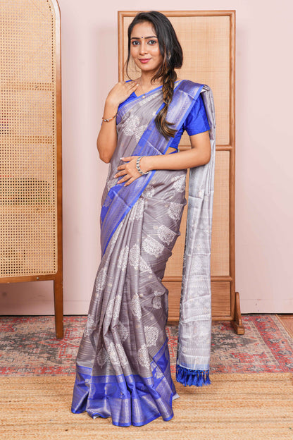 blue and grey dola silk saree